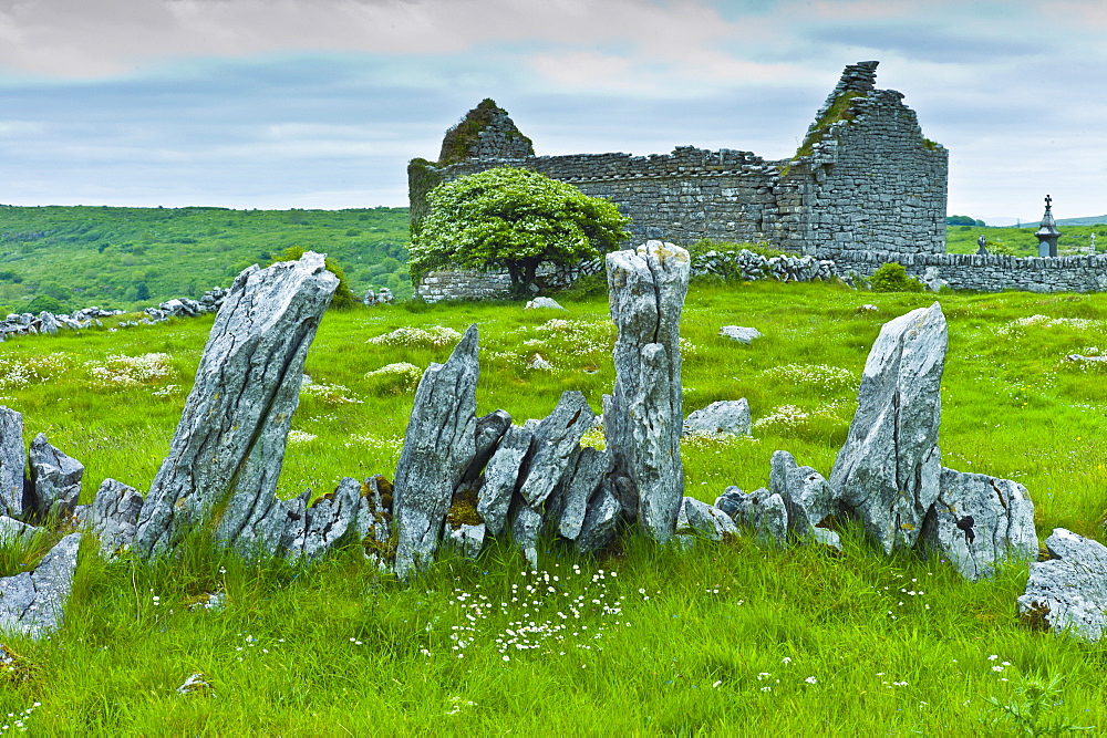 Historic site medieval village ruins and 15th Century Carron Church with graveyard, County Clare, West of Ireland