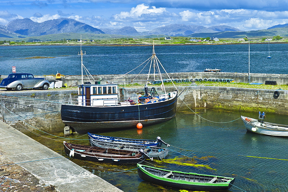 Panorama of Roundstone harbour and the Twelve Bens mountain range, Connemara, County Galway, Ireland