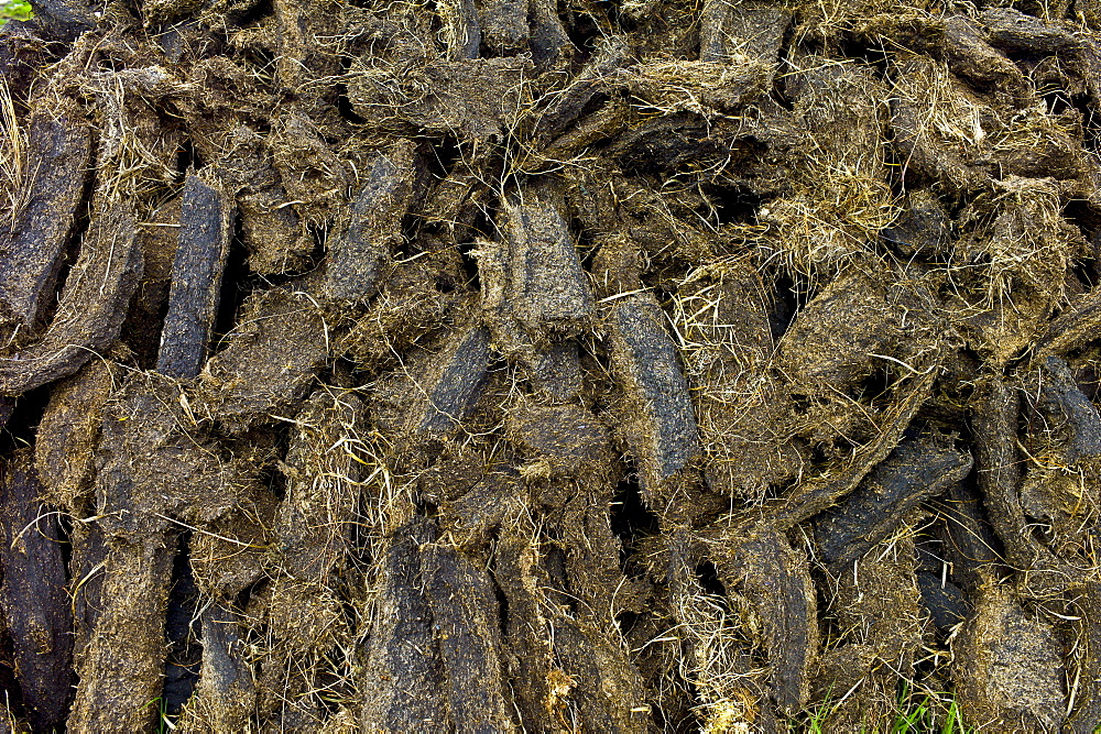 Stacked peat in turf bog on the Old Bog Road near Roundstone, Connemara, County Galway