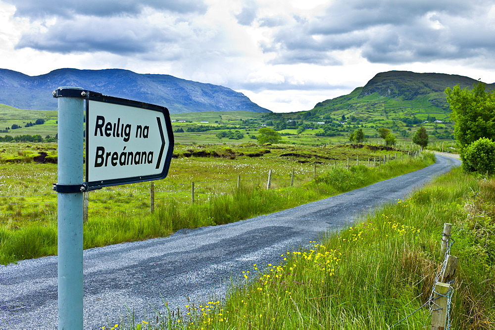 Reilig Na Breanana gaelic sign in Gaeltecht area of Connemara, County Galway, Ireland