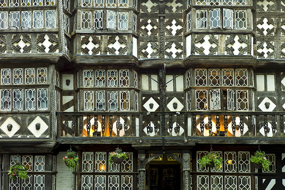 Jacobean timber-framed The Feathers Hotel in The Bull ring at Ludlow, Shropshire, UK