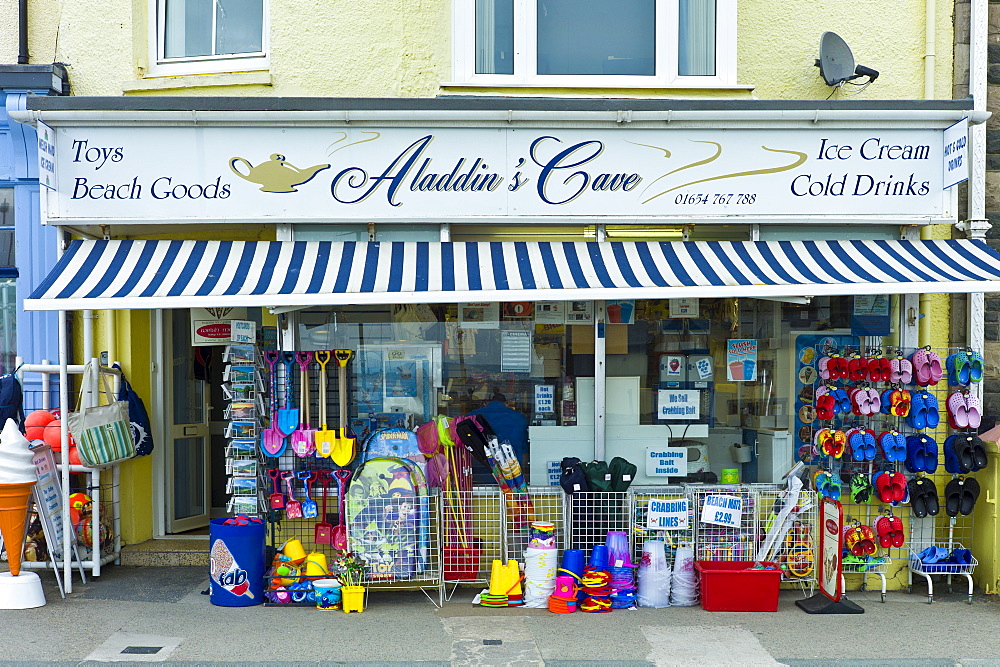 Aladdin's Cave general store selling seaside products and souvenirs in Aberdyfi, Aberdovey, Snowdonia, Wales