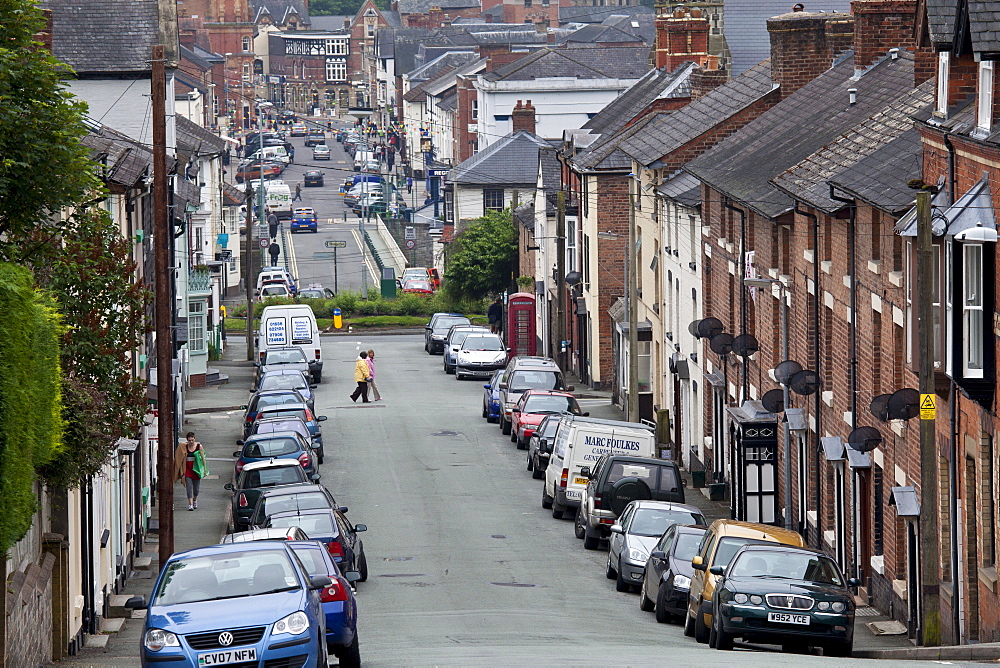 Typical Welsh street of terraced houses in Crescent Street, Newtown in Powys, Wales