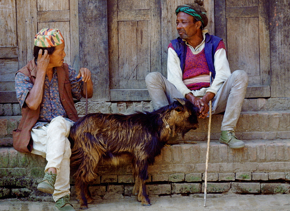 Two men sitting on the steps of a building with a goat in Nepal.