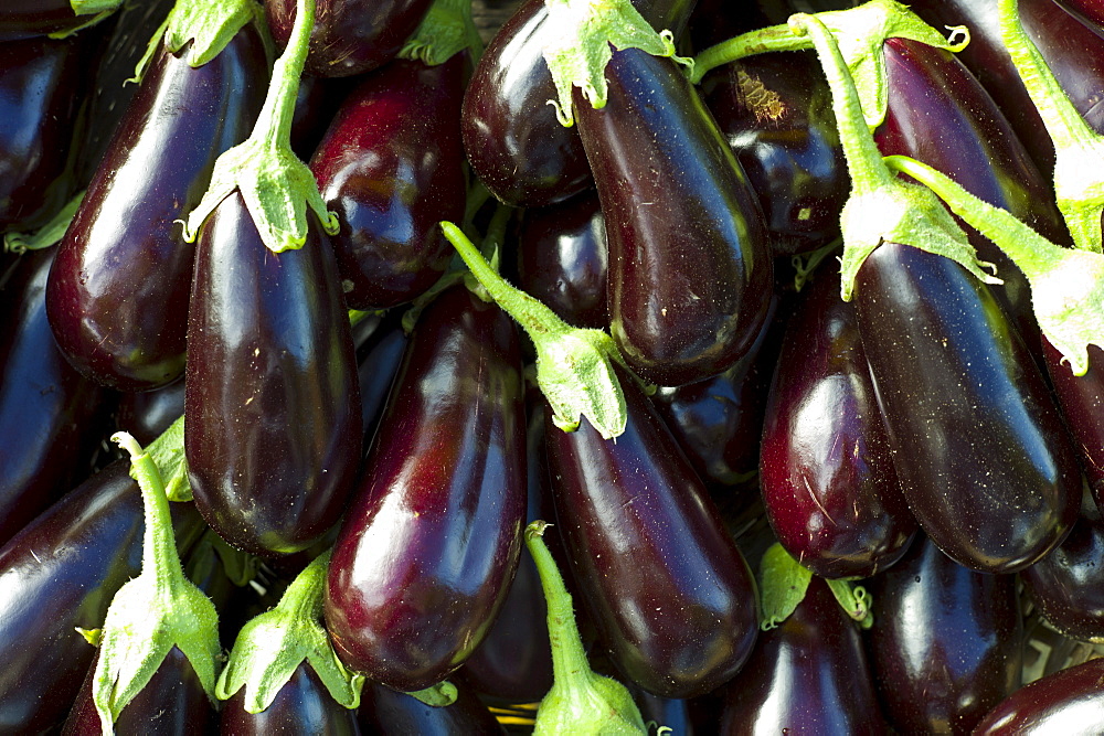 Aubergines (eggplants)  at food market in Bordeaux region of France