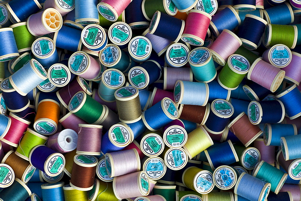 Cotton reels on sale at street market in La Reole, Bordeaux region of France