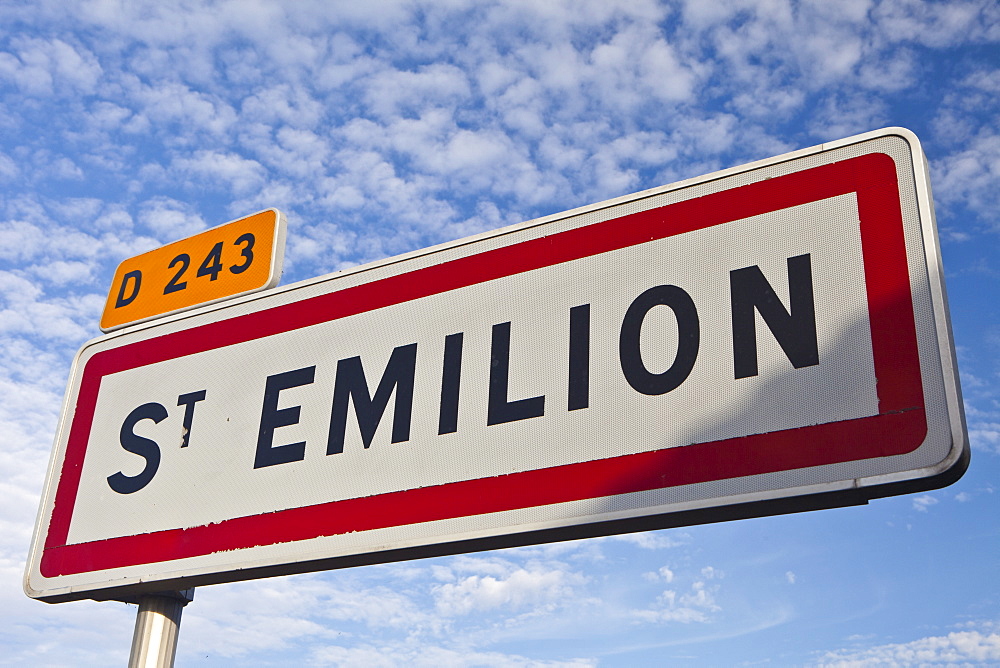 St Emilion signpost on the D243 in the Bordeaux wine region of France