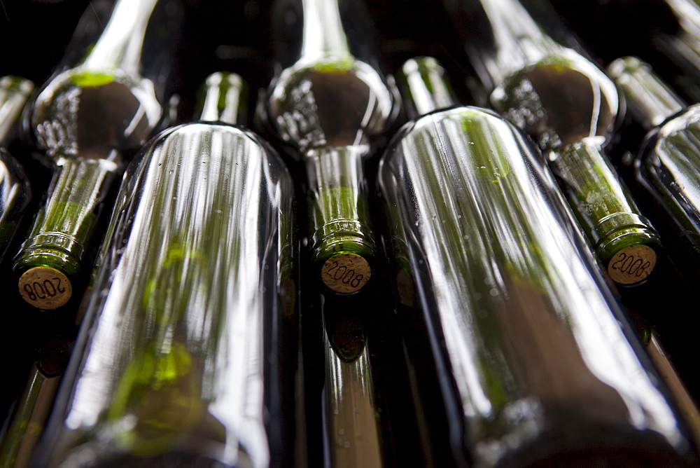 Wine bottling at the vineyard at Chateau Fontcaille Bellevue in the Bordeaux region of France