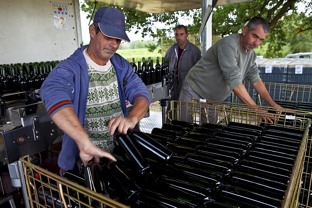 Wine bottling truck with mobile bottling line at Chateau Fontcaille Bellevue vineyard in Bordeaux region of France