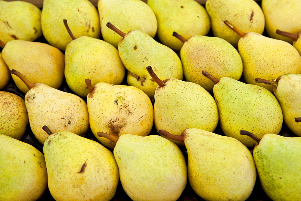 Pears on sale at food market at food market in Bordeaux region of France