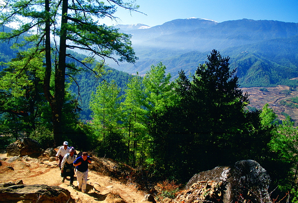 Tourist and locals trekking in Bhutan