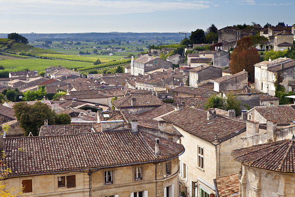 Rooftops viewed from L'Eglise Monolith in traditional town of St Emilion, Bordeaux, France