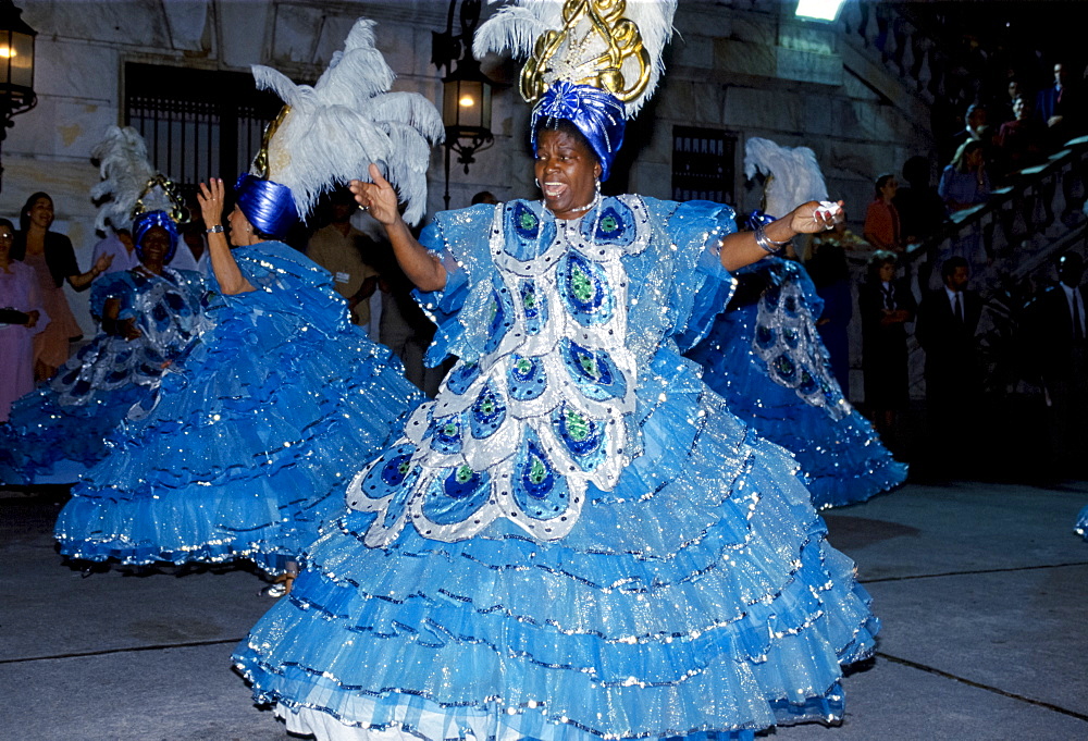 Dancers taking part in traditional Rio Carnival in Rio de Janeiro, Brazil