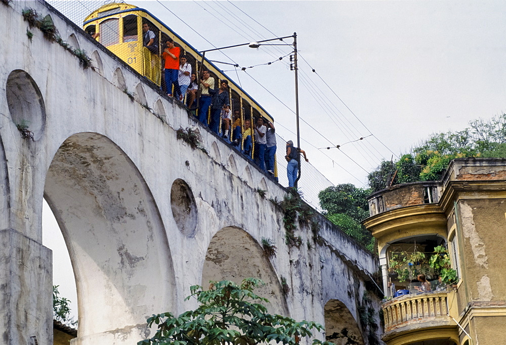 'Bonde' tram on the Arcos da Lapa, Lapa Arch, in Rio de Janeiro, Brazil