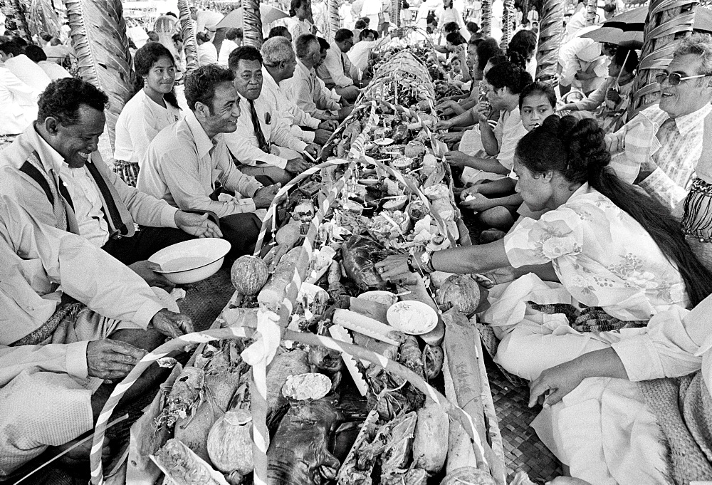 Traditional feast at tribal gathering in Tonga, South Pacific