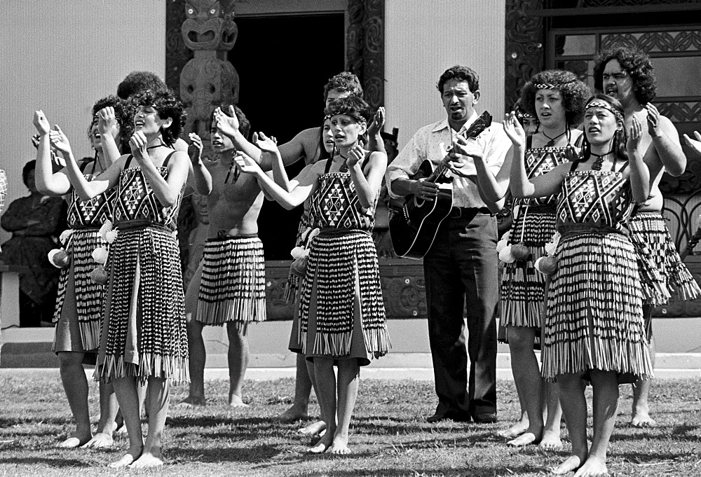 Traditional maori ceremony at the Marai meeting house, New Zealand