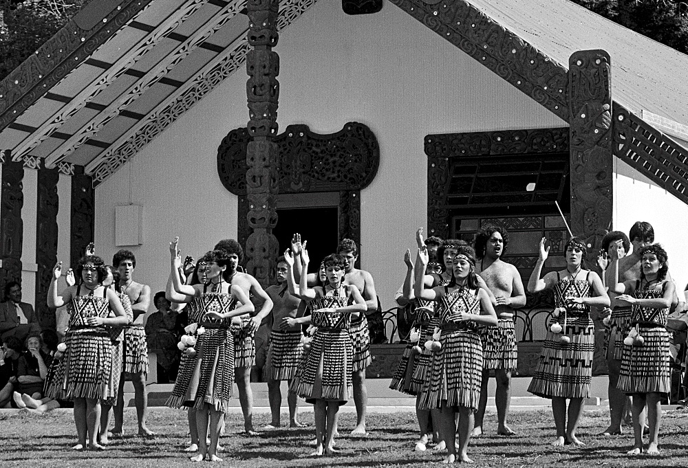 Traditional maori ceremony in front of Marai meeting house, New Zealand