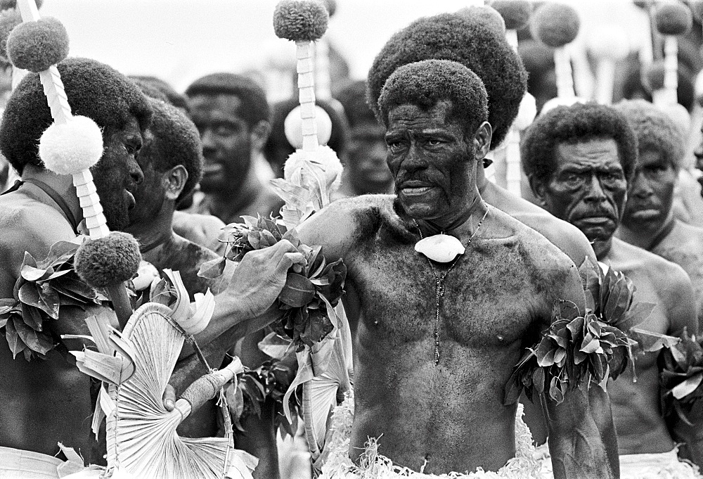 Locals attending traditional native ceremony at tribal gathering in Fiji, South Pacific