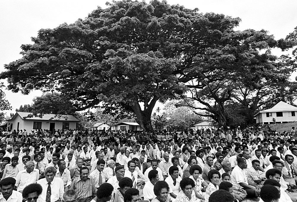 Locals attending traditional native ceremony at tribal gathering in Fiji, South Pacific