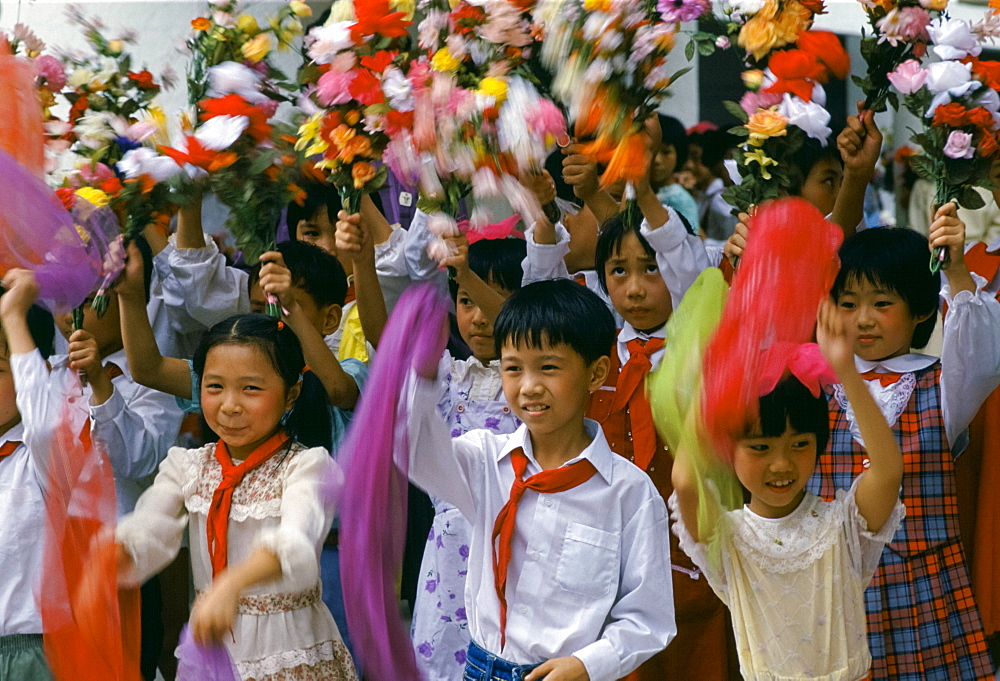 Chinese children performing dance display in Canton, China