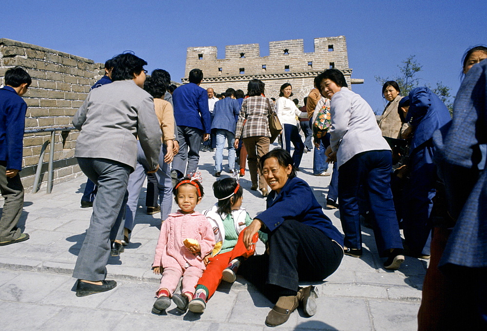 Chinese people visiting the Great Wall of China near Peking, now Beijing, China in the 1980s