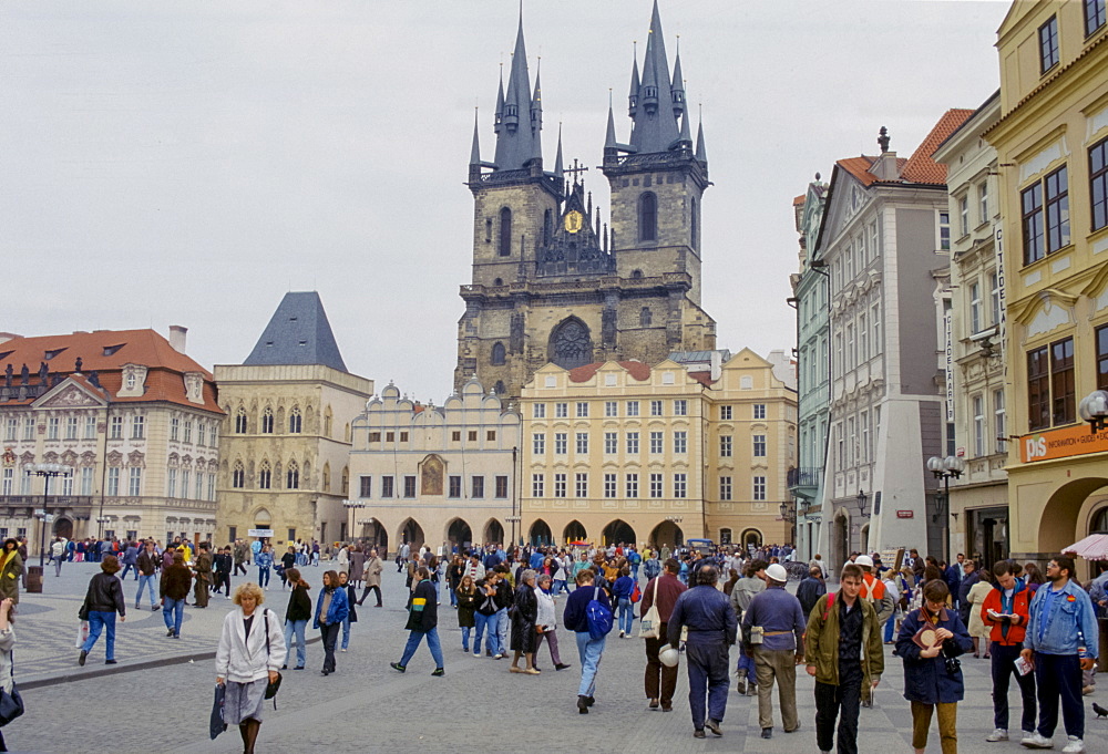 Tyn Church, City Hall and Old Town Square in Prague, Czech Republic, formerly Czechoslovakia