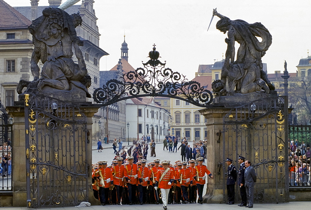 Military guard in ceremonial uniform at Prague Castle in Prague, Czech Republic