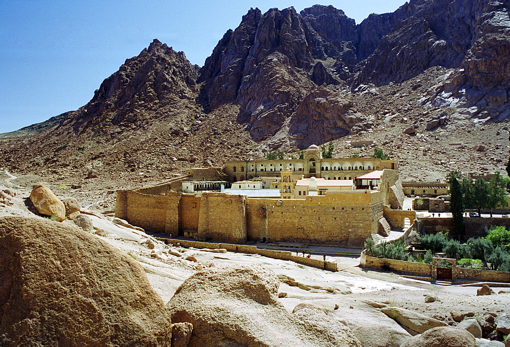 St Catherine's Monastery at foot of Mount (Mount el-Deir), also Mount Sinai, in Sinai Desert in Egypt