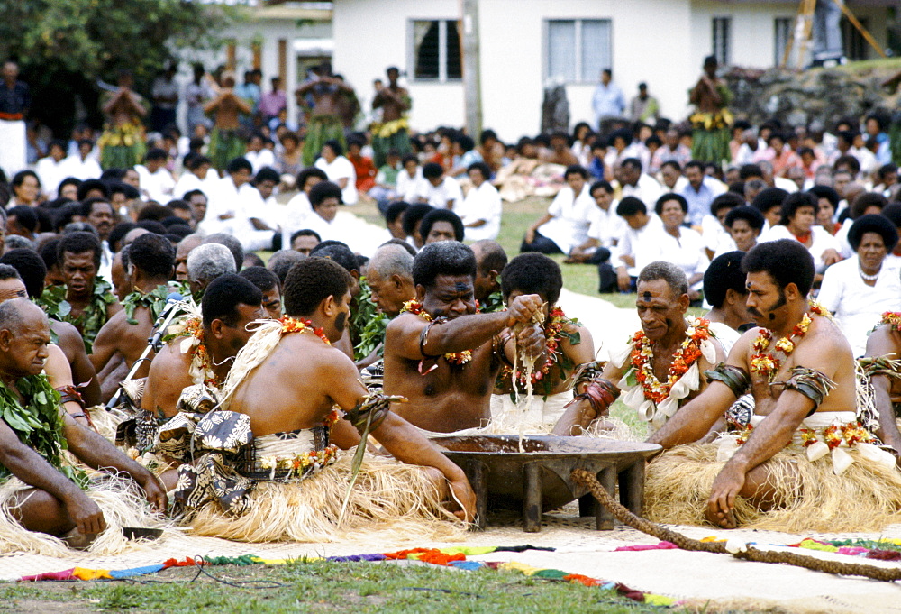 Fijian chiefs at Kava Ceremony tribal gathering cultural event in Fiji, South Pacific