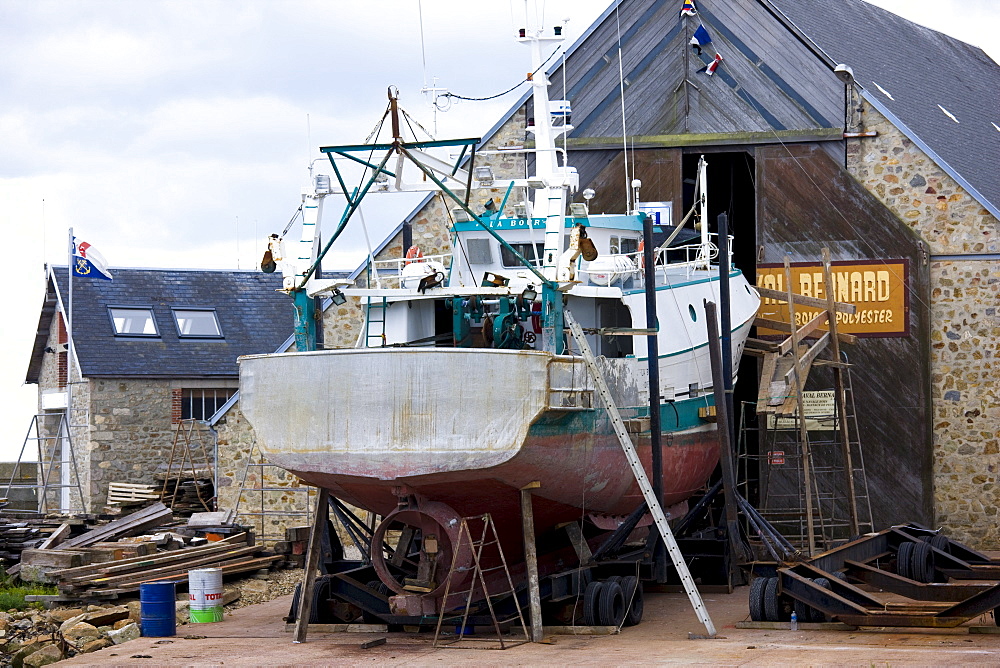 Boatyard at Channel port of St Vaast La Hougue in Normandy, France