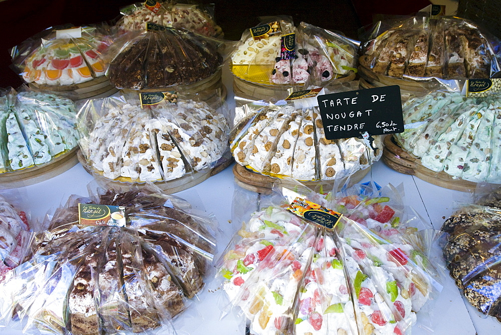 Tarte de Nougat Tendre sweet cakes on sale in Brantome in North Dordogne, France