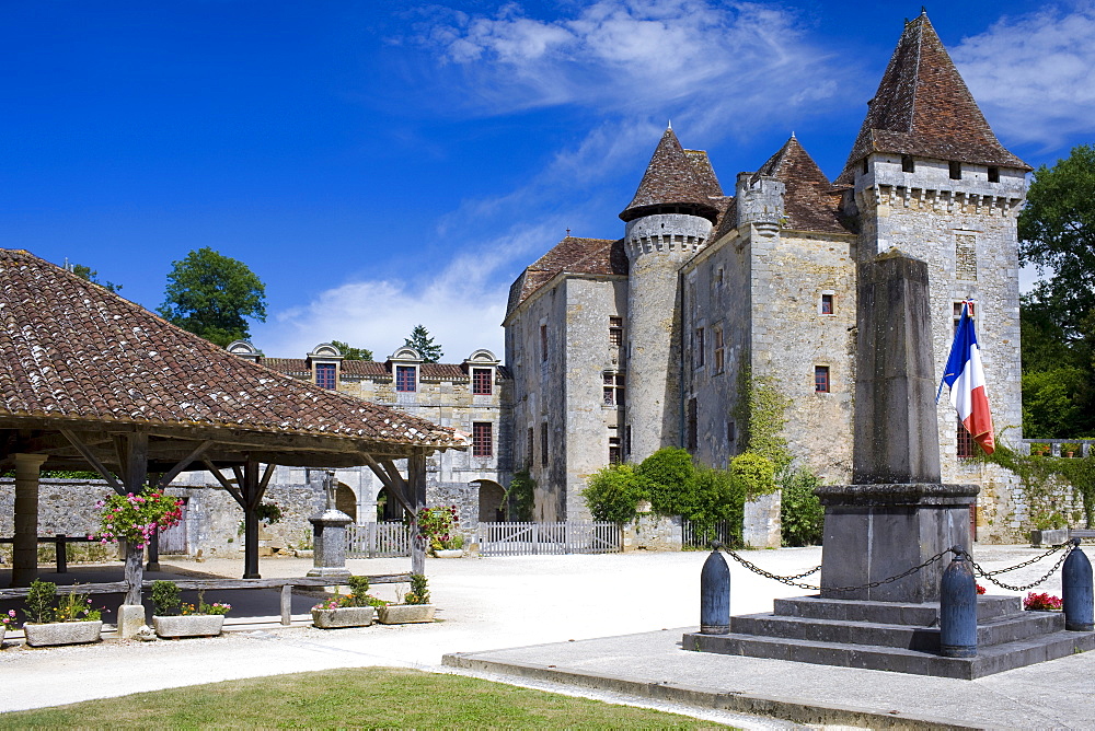 Chateau de la Marthonie, XV, XVI, XVII Century architecture in historic town of St Jean de Cole, France