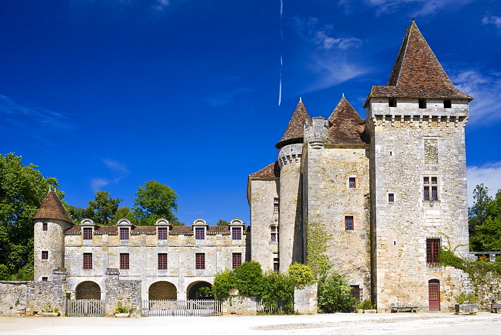 Chateau de la Marthonie, XV, XVI, XVII Century architecture in historic town of St Jean de Cole, France