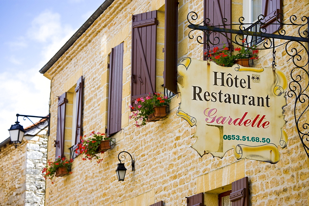 Hotel Restaurant Gardette sign, France Beautiful village of St Amand de Coly, Dordogne in Aquitaine, France