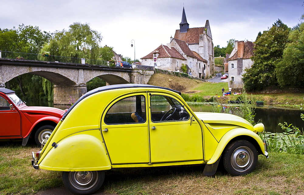 Traditional French Citroen Deux Chevaux 2CV cars at Angles Sur L'Anglin village, Vienne, near Poitiers, France