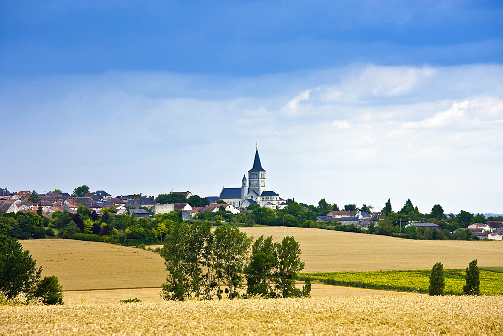 Village of Faye La Vineuse with tall spire, Loire Valley, France