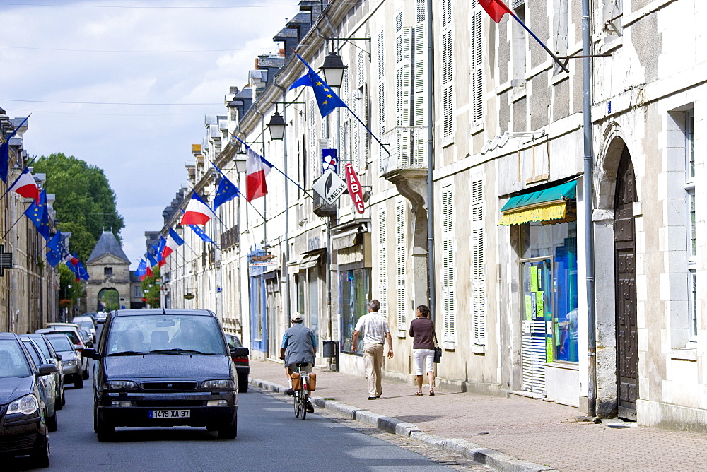 European Community and French flags in town of Richelieu in Loire Valley, Indre et Loire, France