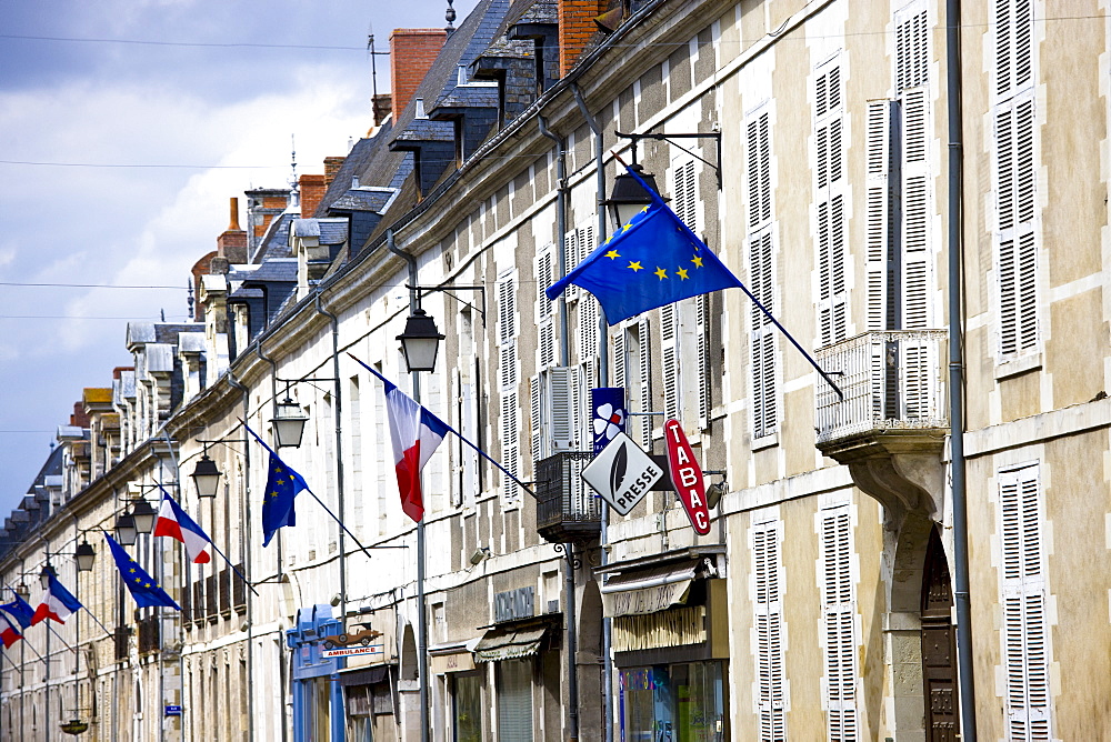 European Community and French flags in town of Richelieu in Loire Valley, Indre et Loire, France