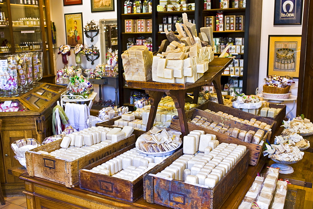 Artisan soaps on sale at Martin de Candre specialist savon shop Mestre at Fontevraud L'Abbaye, Loire Valley, France