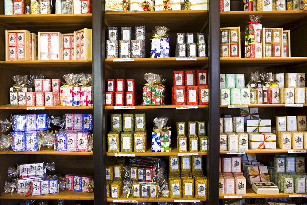 Artisan soaps on sale at Martin de Candre specialist savon shop Mestre at Fontevraud L'Abbaye, Loire Valley, France