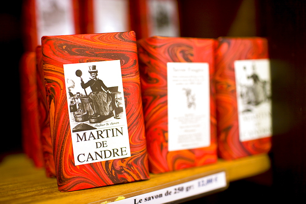 Artisan soaps on sale at Martin de Candre specialist savon shop Mestre at Fontevraud L'Abbaye, Loire Valley, France