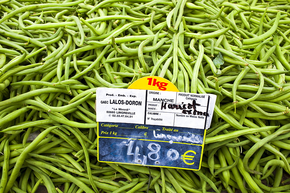 Local produce haricots verts beans at farmers market in Normandy, France