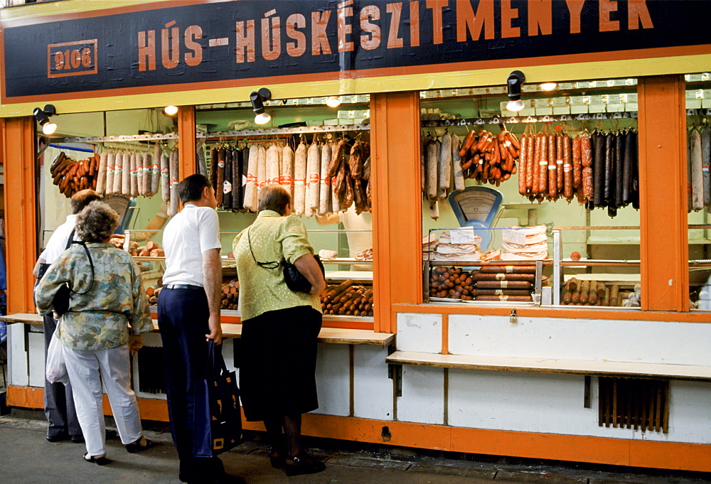 Butcher's shop selling Hungarian sausage and salami, Budapest, Hungary