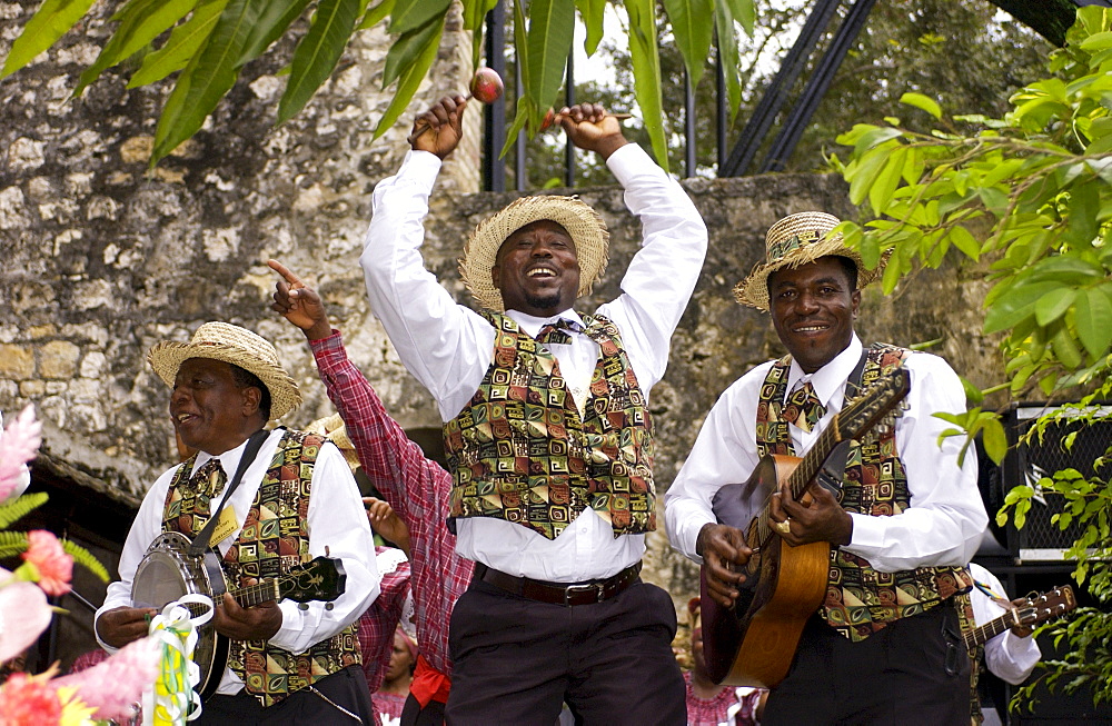 Musicians in panama hats and waistcoats at cultural display at Governor General's Residence, Kings House, Kingston, Jamaica