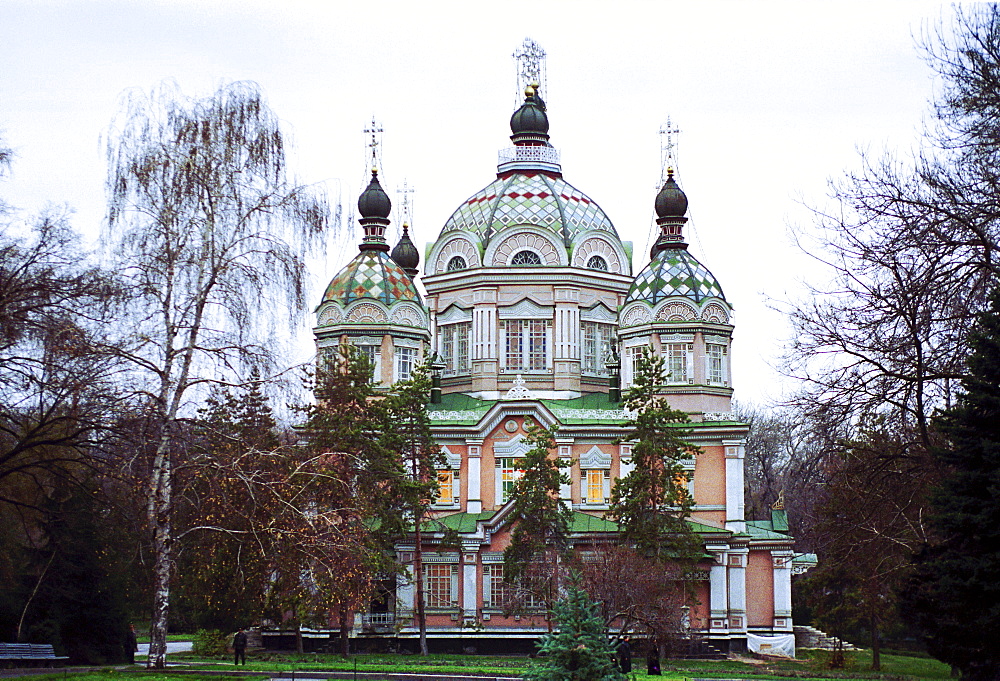 Kazakstan Orthodox Church in dolls house colours in Panfilov Park, Almaty, Kazakstan