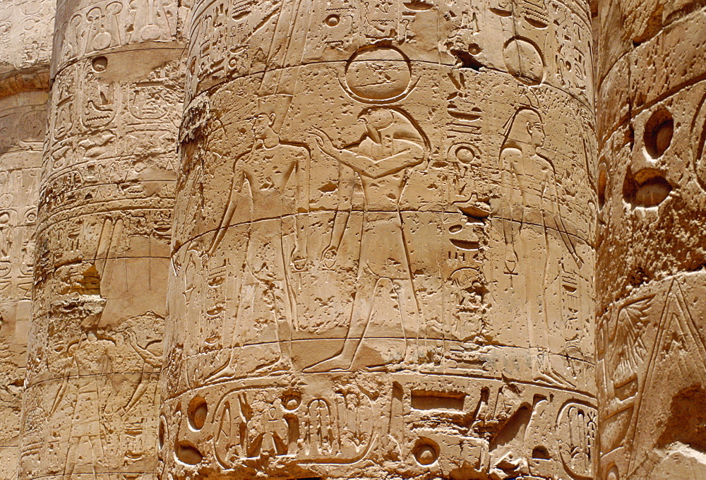 Inscriptions on the columns in the Great Hypostyle Hall, Temple of Karnak, Luxor, Egypt.