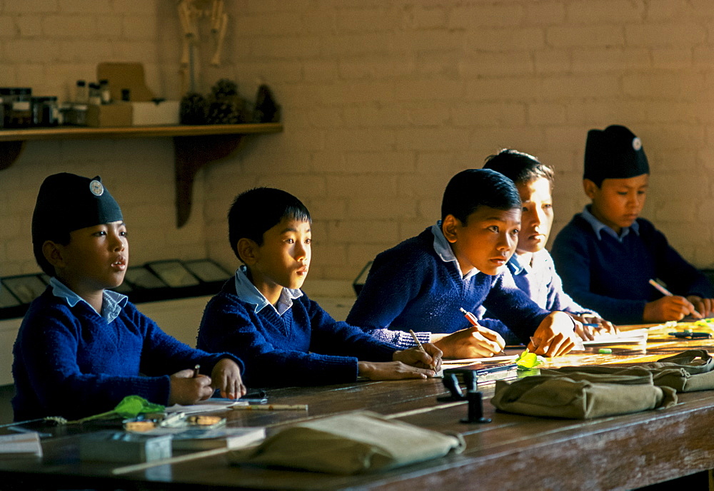 Schoolboys attending lessons at a school in Kathmandu, Nepal