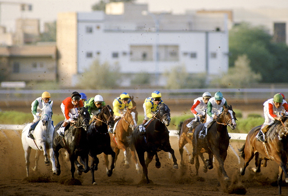 Horseracing on sandy racetrack in Riyadh, Saudi Arabia