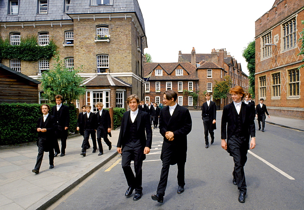 Eton schoolboys in traditional tails at Eton College, England, UK