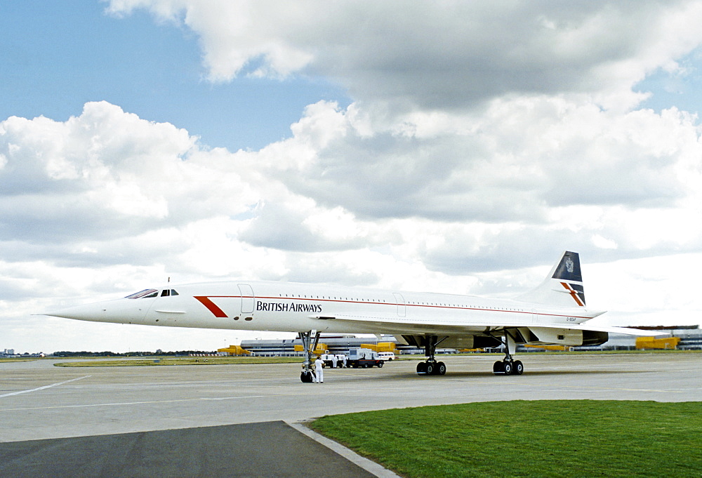 British Airways Concord aeroplane on the apron by the VIP Suite at Heathrow Airport in London, UK